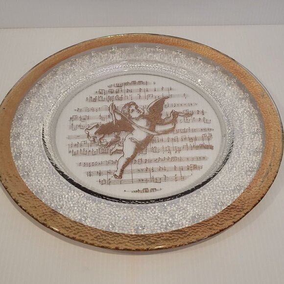 Vintage 13" Italian Glass Serving Platter With Gold Trim Cherub Musical Notes - Picture 1 of 9